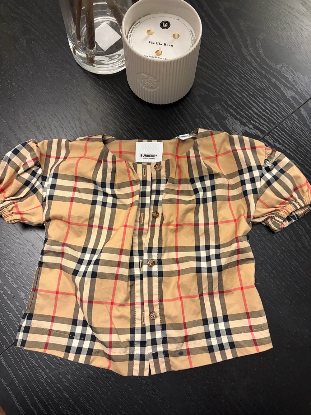 Burberry Tan Plaid Short Sleeve Button Front Top